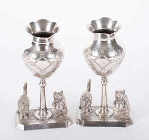 Pair of J.W. Tufts Triple-Plated Cat Vases