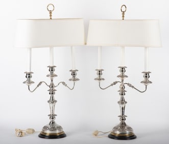 A Pair of 3-Arm Plated Silver Candelabra, Mounted as Table Lamps