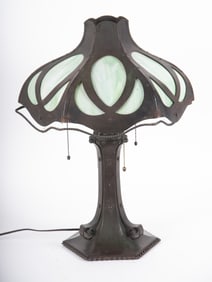 A Bradley and Hubbard Arts and Crafts Glass and Patinated-Metal Table Lamp