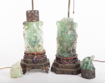 Two Vintage Chinese Carved Green Quartz Lamps