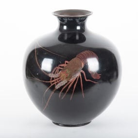A Large Japanese Black Cloisonne Vase Decorated with Three Lobsters