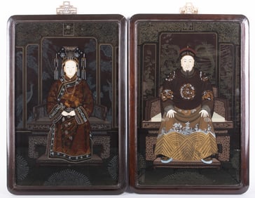 A Pair of Vintage Chinese Reverse Paintings on Glass, Ancestral Portraits