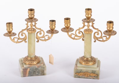 A Pair of 3-Arm Onyx and Brass Candelabras