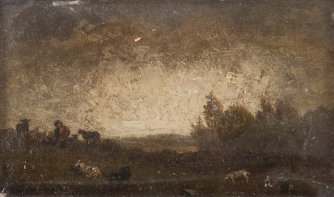 Jules Dupre, French 1811-1889, Landscape with Farmer and Goats in a Field, oil on panel