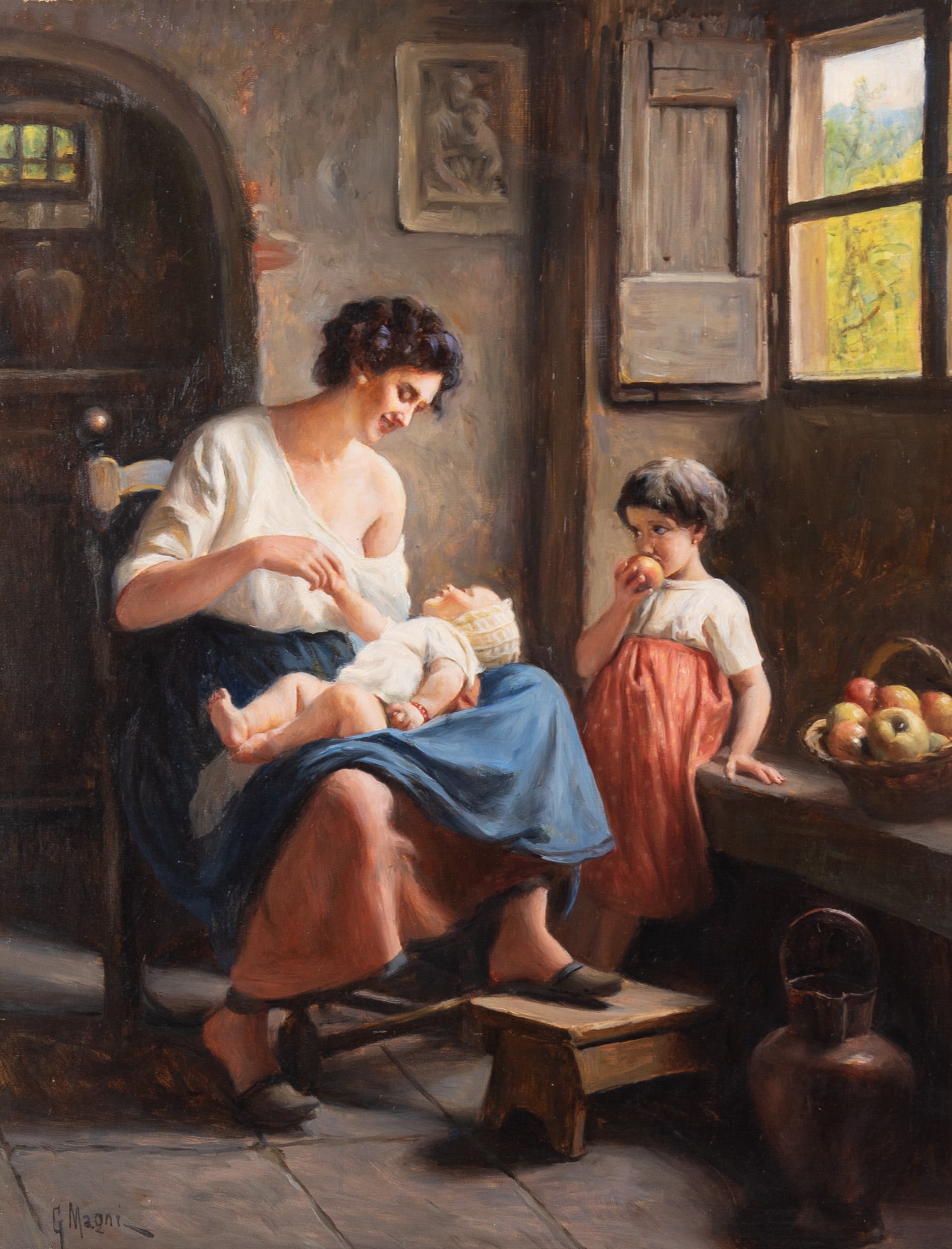 Giuseppe Magni, Italian (1869-1956), Interior Genre Scene with Mother and Children, oil on canvas: Giuseppe MagniItalian, (1869-1956)Interior Genre Scene with Mother and Childrenoil on canvassigned lower left, gilt-framed.28 x 22 inches