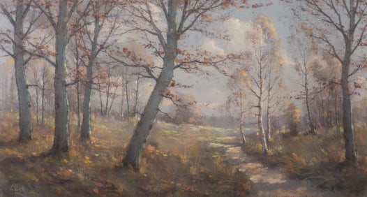 Garstin Cox, United Kingdom (1892-1933), Sun Dappled Wooded Landscape with Distant Clearing, pastel