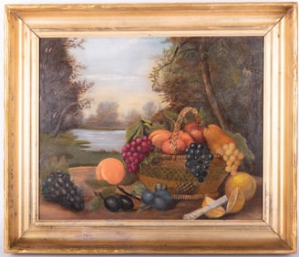 American School Late 19th Century, Fruit in a Basket, Distant River Landscape, oil on board