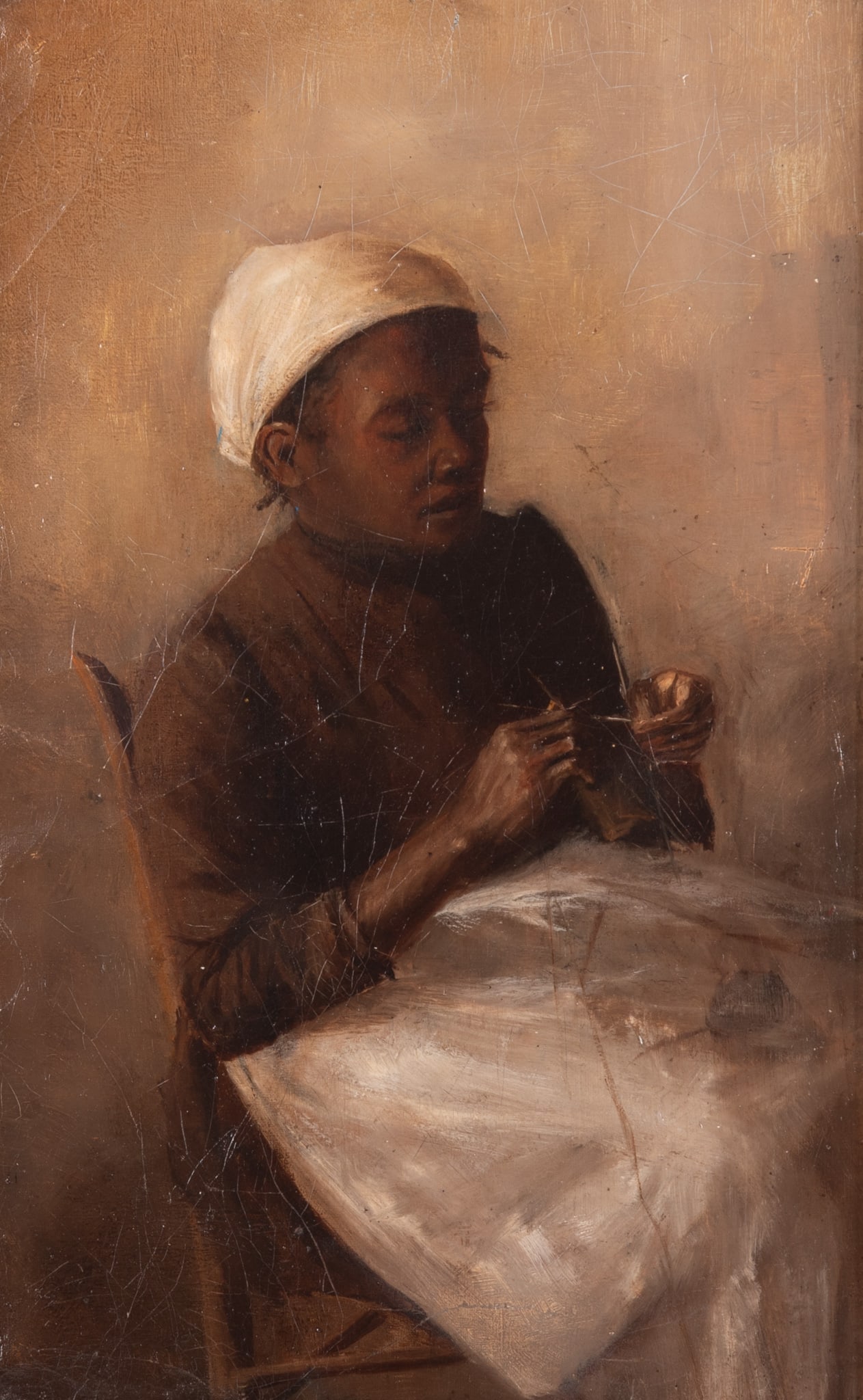Attributed to Gilbert Gaul, New York, Tennessee, New Jersey (1855-1919), Portrait of Seamstress, oil: Attributed to Gilbert GaulNew York, Tennessee, New Jersey, (1855-1919)Portrait of Seamstressoil on canvas, linedunsigned, gilt-framed.Notes on the back of the original canvas read: "Class L, No. 1, Po