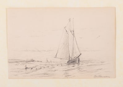 Frank Weston Benson, American (1862-1951), Sailboat off eShor, pencil on paper