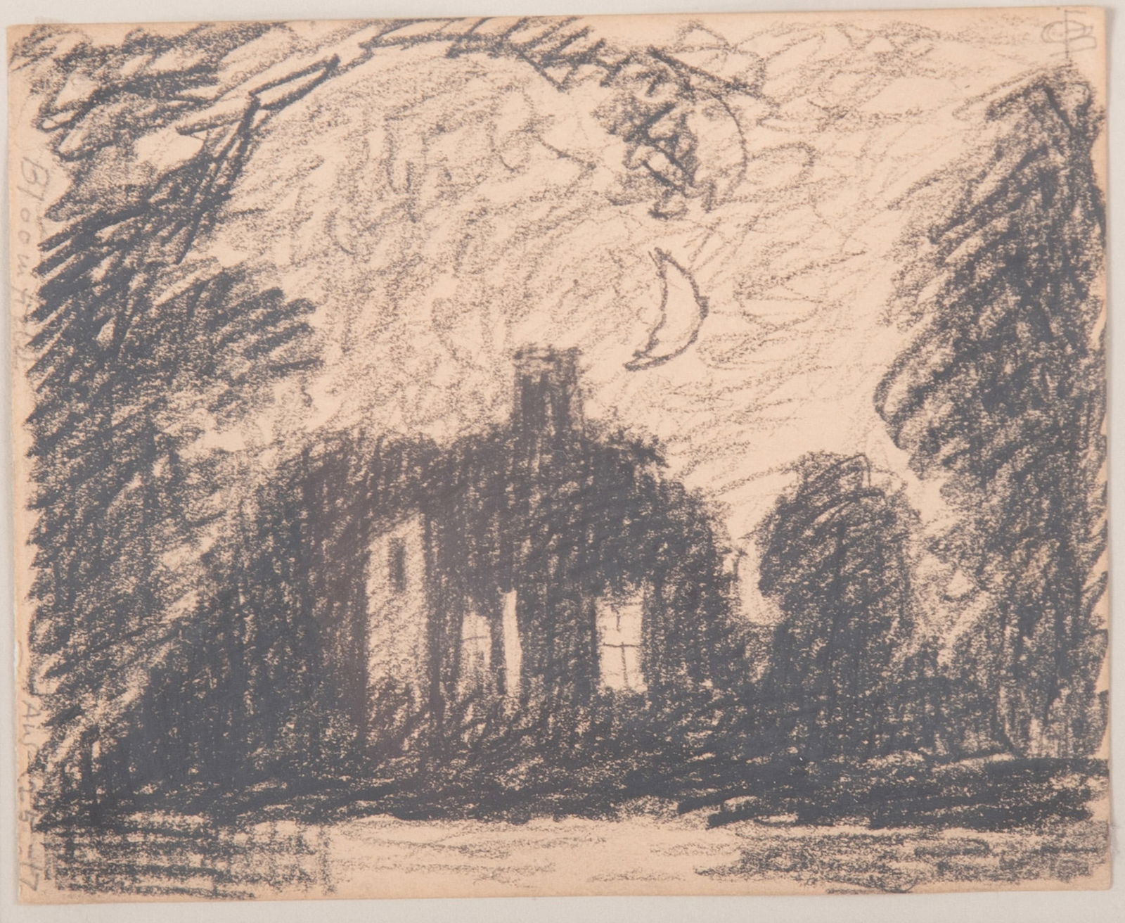 Oscar Florianus Bluemner, Massachusetts, New York / Germany 1867-1938, Cottage Under Crescent Moon,: Oscar Florianus BluemnerMassachusetts, New York / Germany, 1867-1938Cottage Under Crescent Mooncharcoalnotated: Bloomfield, N.J. upper leftdated aug-25-17 lower leftmonogrammed upper rightLabel