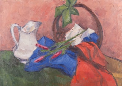Artist Unknown, 20th Century, Still Life with Pitcher and Flowers on a Table, oil on canvas