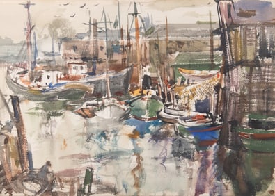 Frederick E. Conway, Missouri (1900-1973), Docked Sailboats, 1939, watercolor on paper
