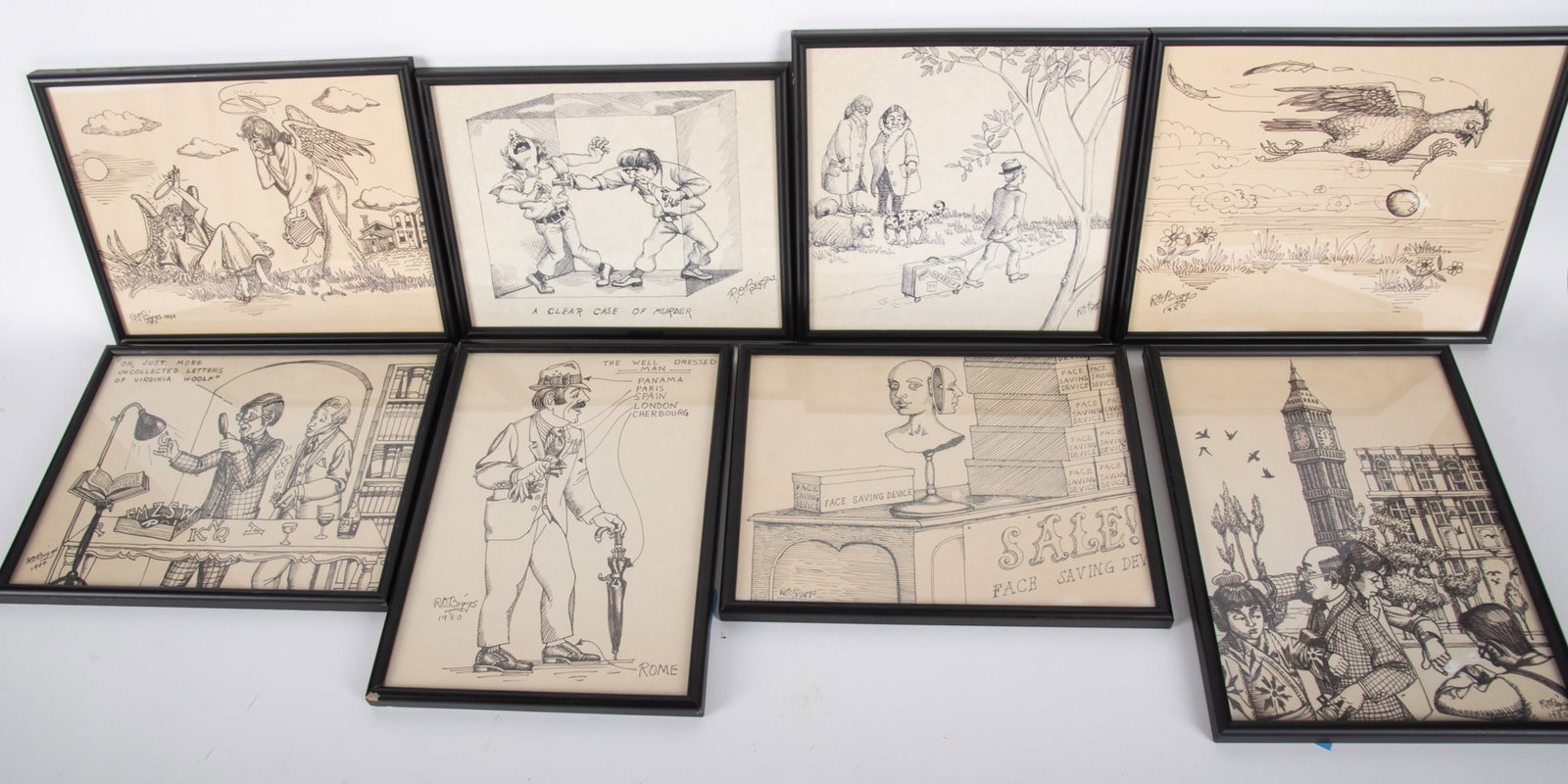 Robert Biggs, Missouri (1920-1984), Eight Cartoons, ink on paper: Robert Biggs Missouri, (1920-1984) Eight Cartoons ink on paper never displayed, signed and framed. Drawn at the behest of James Londe