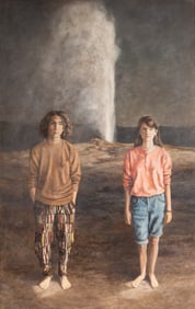 Jeff Aeling, American (1958-2025), Dark Landscape with Geyser, Two Figures, oil on masonite