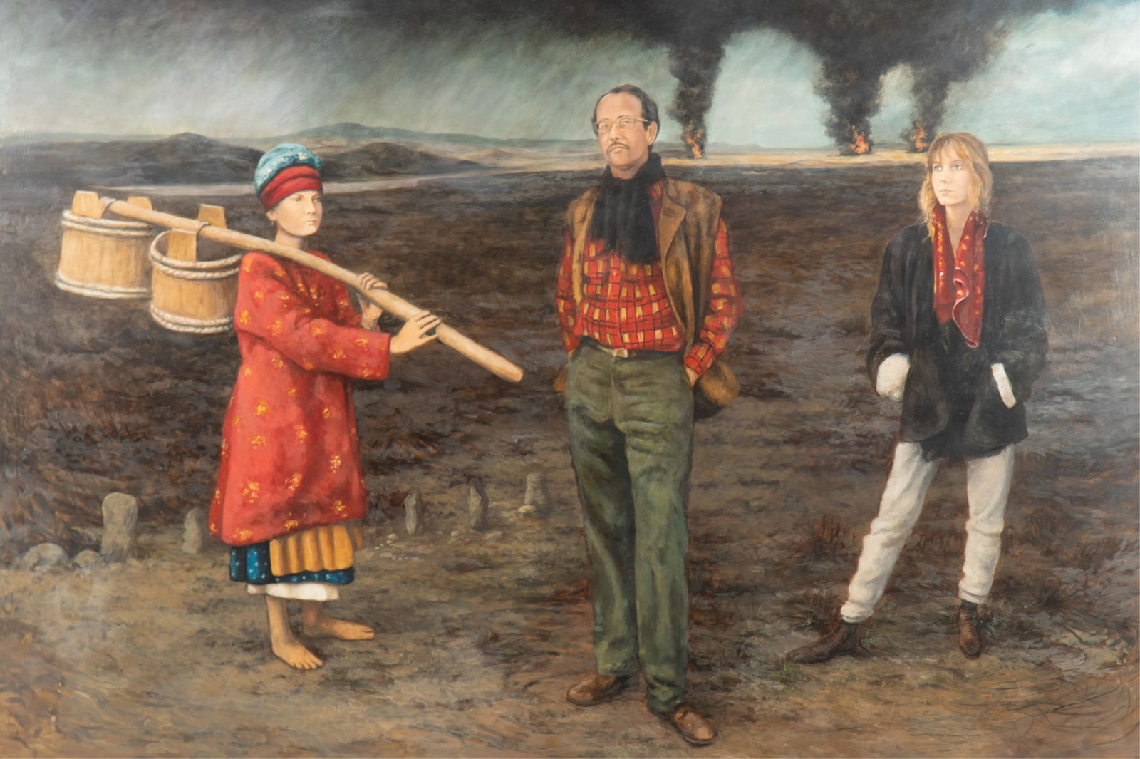 Jeff Aeling, American (1958-2025), Three Figures in a Desolate Landscape, oil on masonite: Jeff AelingAmerican, (1958-2025)Three Figures in a Desolate Landscapeoil on masoniteframed.48 x 72 inches