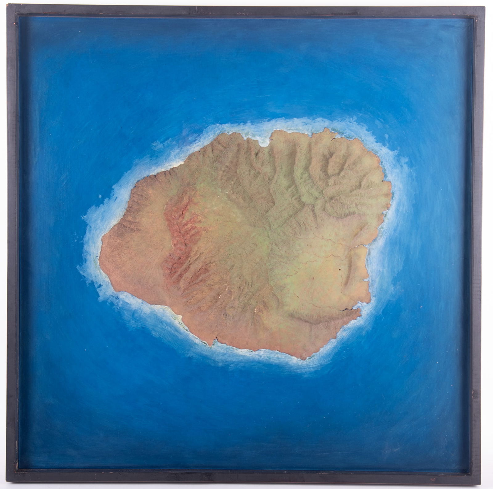 Jeff Aeling, American (1958-2025), Kauai, mixed media topographical map: Jeff AelingAmerican, (1958-2025)Kauaimixed media topographical mapframed.38 1/2 x 37 3/4 inches