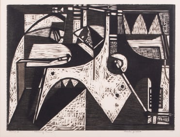 Charles Francis Quest, American (1904-1993), Etching Press, 1950, woodcut, proof