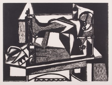 Charles Francis Quest, American (1904-1993), Sewing Machine, 1950, woodcut, ed. 16/25