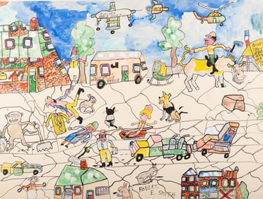 Robert E Smith, Missouri (1927-2010), Animated Street Scene, mixed media on paperboard