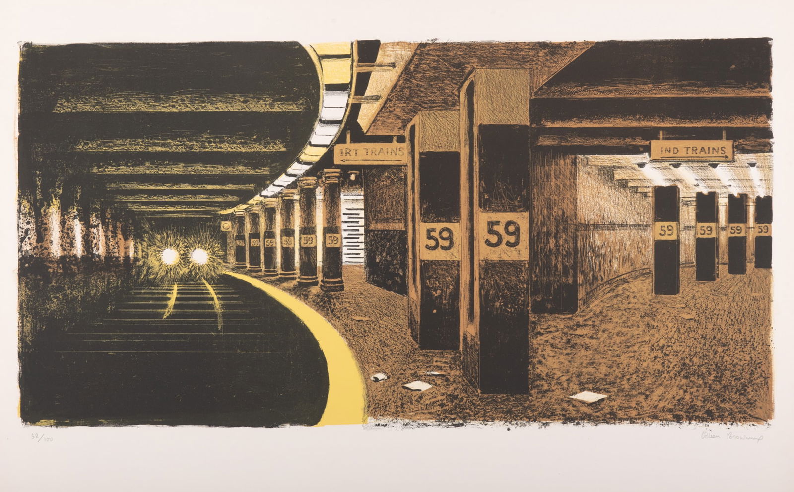 Colleen Browning, English/American (1918-2003), 59th Street Subway, 1968, color lithograph, ed.: Colleen BrowningEnglish/American, (1918-2003)59th Street Subway, 1968color lithograph, ed. 52/100signed and numbered in pencil lower margin, unframed.Paper: 27 x 40 1/4 inches; Image: 18 1/2 x 36 inch