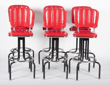 Set Of Six Vintage Red Patent Leather Swivel Bar Stools