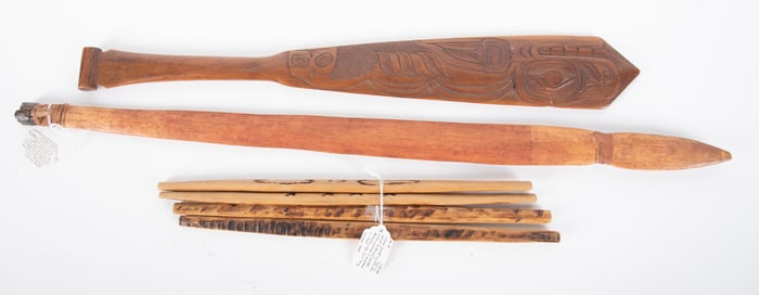 Anishinaabe Wood Gambling Sticks along with an Atlatl Throwing Stick and an Oar