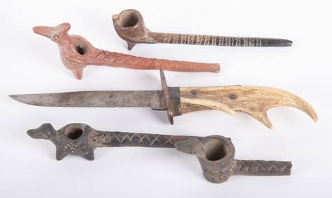 Four Clay Effigy Pipes and an Antler Handled Knife