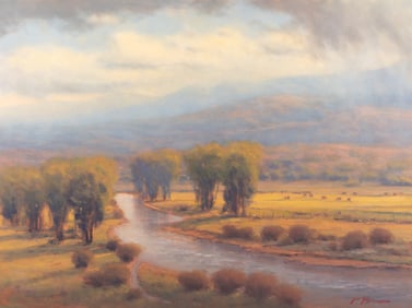 Perry Brown, American 20th Century, River Landscape in Autumn, oil on canvas