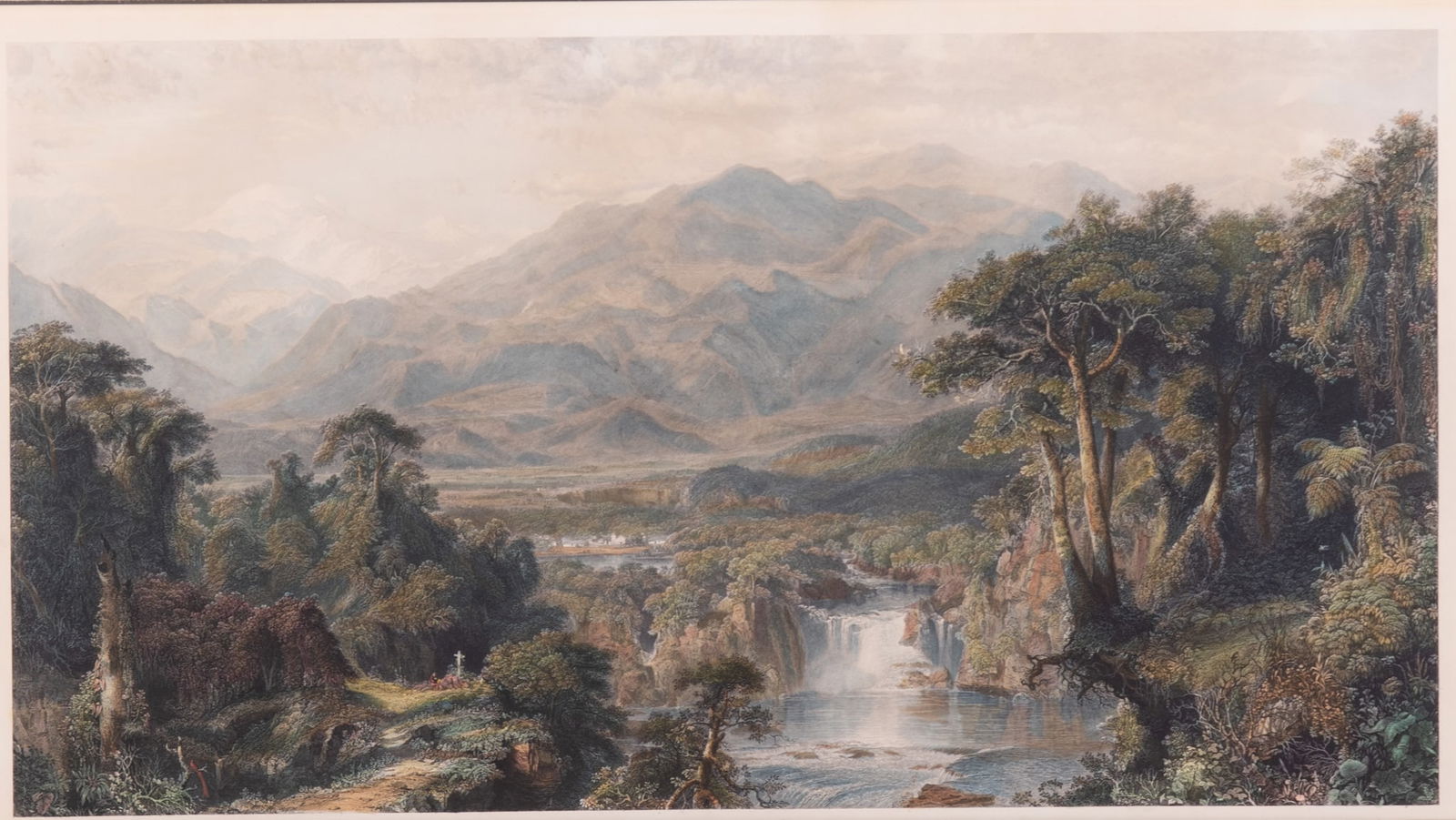Frederic Edwin Church, American (1826-1900), Heart of the Andes, hand colored engraving: Frederic Edwin ChurchAmerican, (1826-1900)Heart of the Andeshand colored engravingsigned lower right, framed13 1/2 x 24 5/8 inches; 28 1/8 x 28 1/8 inches (overall with frame)