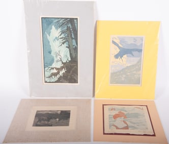 Hans Neumann, Germany (1873-1957), Four Various Scenes, Three color woodcuts and one etching
