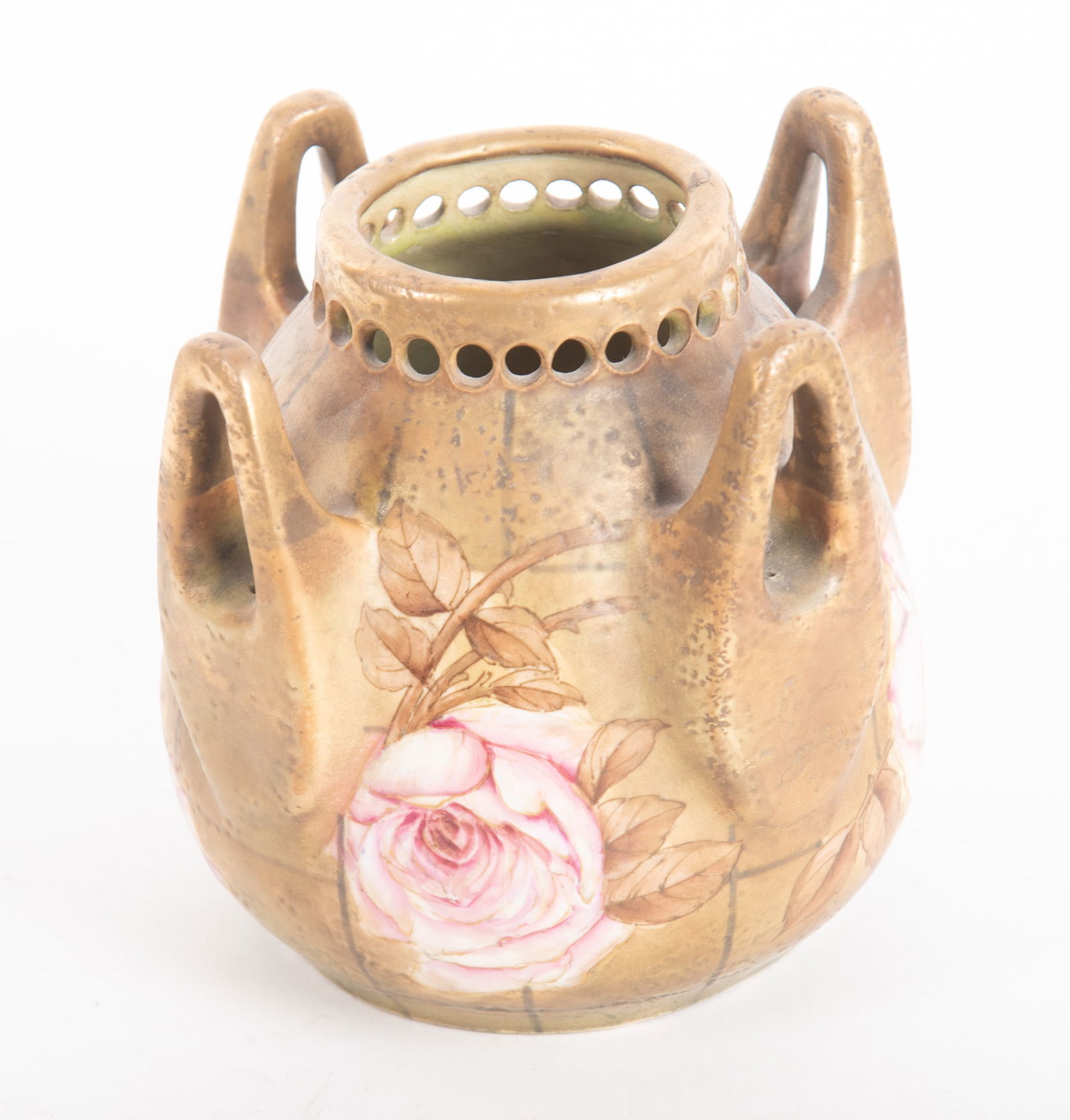 An Austrian Amphora Pottery Vase: An Austrian Amphora Pottery VaseMarked Austria, Amphora, with impressed crown mark, an unusual basket form vase, the four-handled vase decorated with a basket design with painted pink roses.Provenance
