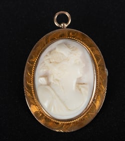 Antique 14K Yellow Gold Pink Coral Cameo Brooch