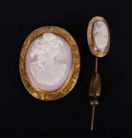 Victorian 10K Yellow Gold Coral Cameo Brooch & Stick Pin