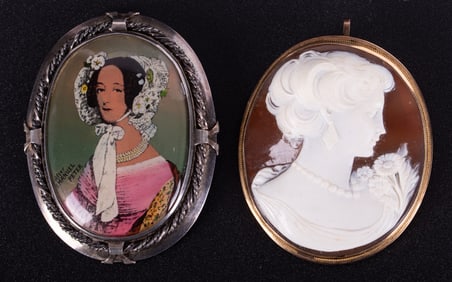 Antique Cameo Brooch set in 14K Yellow Gold paired with a Sterling Portrait Brooch