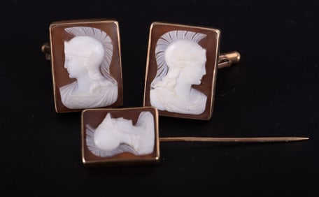 Antique Cameo Trojan Head Cufflinks w/Stickpin set in 14K Yellow Gold