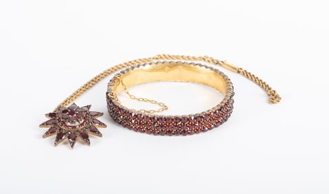 Antique GF Garnet Brooch/Pendant & Bracelet Paired with a 14K Yellow Gold Chain