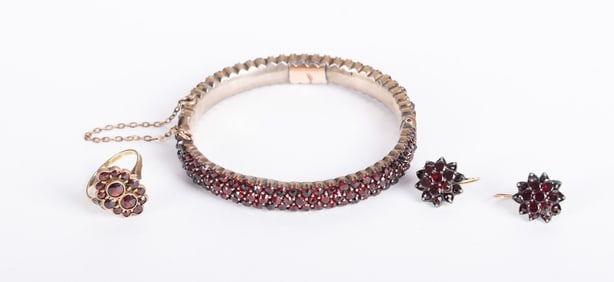 Collection of Victorian Garnet Jewelry Includes Bangle Bracelet, Earrings and Ring