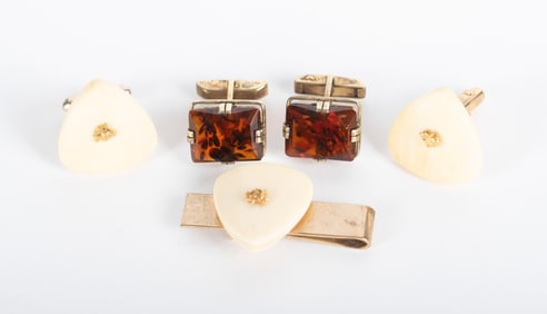 Amber Cufflinks Paired w/Gold Nugget Inuit Bone Cufflinks & Money Clip