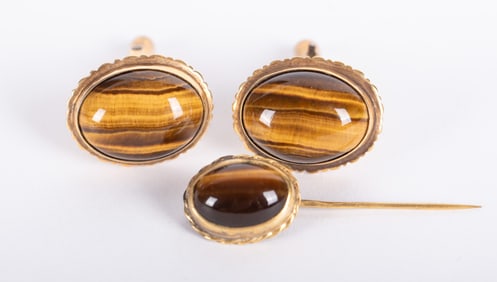 18K Yellow Gold Tiger's Eye Cufflinks & Stickpin