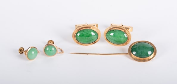 14K Yellow Gold Jade Cufflinks, Earrings & Stickpin