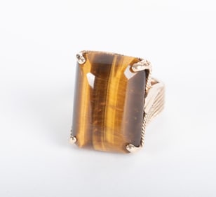 Large Vintage Tiger's Eye and 10K Cocktail Ring