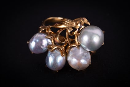 14K Yellow Gold Grey Baroque Pearl Ring