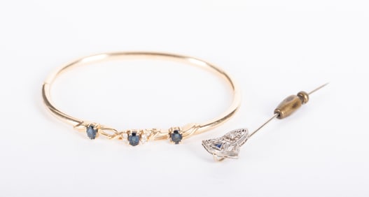 14K Yellow Gold Bangle Bracelet along with a Vintage Stick Pin
