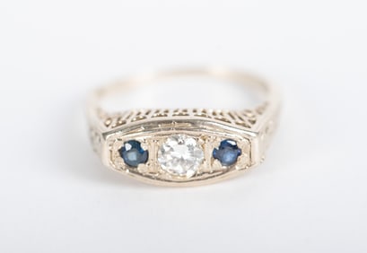 Antique 14K White Gold Diamond and Sapphire Ring
