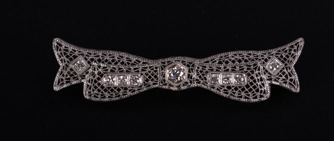 Antique 14K White Gold and Diamond Brooch