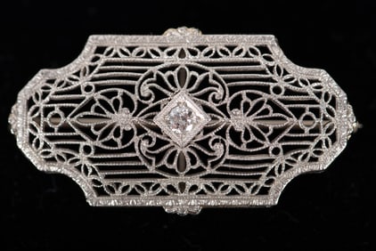 Antique 14K White Gold Filigree Diamond Brooch