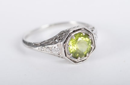 Platinum Filigree Ring set with Peridot and Diamonds