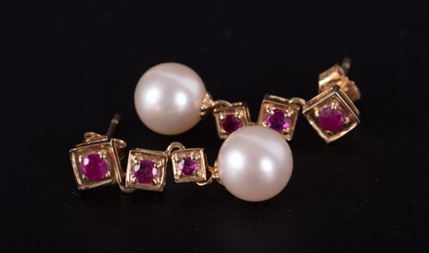 Stunning 14K Yellow Gold Cultured Pearl & Ruby Drop Earrings