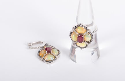 Amazing Vintage Opal, Ruby & Diamond Ring with One Matching Earring