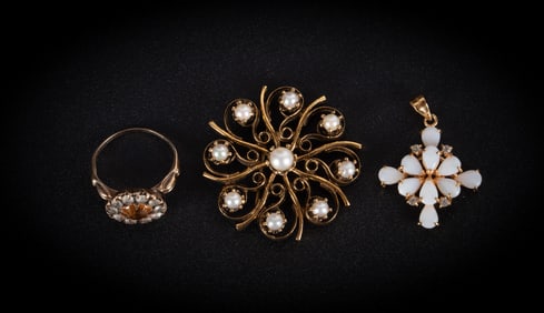 Three Piece Collection: Pearl and 14K Brooch, Opal and Diamond Pendant and Citrine Ring